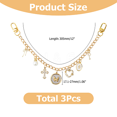 3Pcs Alloy Key Bowknot & Brass Micro Pave Cubic Zirconia Heart Pendant 304 Stainless Steel Bag Decorative Chains HJEW-HS00106-1