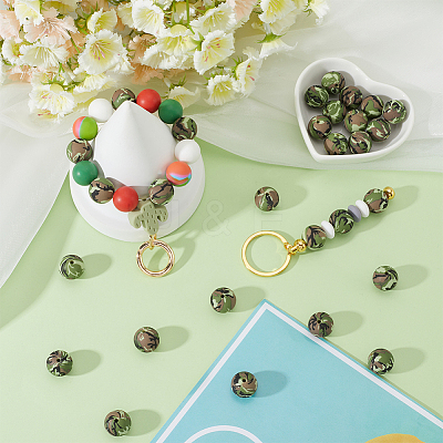 30pcs Round with Camouflage Pattern Silicone Focal Beads SIL-SC0002-03A-1