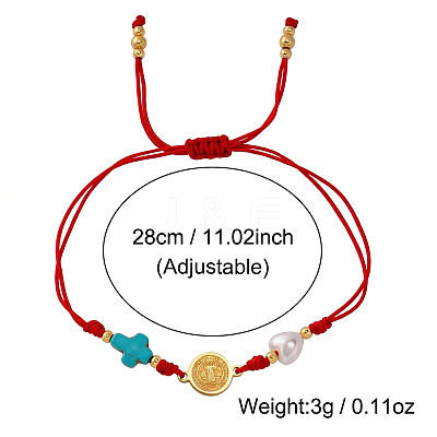 Religion Dyed Synthetic Turquoise Cross and Imitation Pearl Braided Bead Bracelets KV1006-1