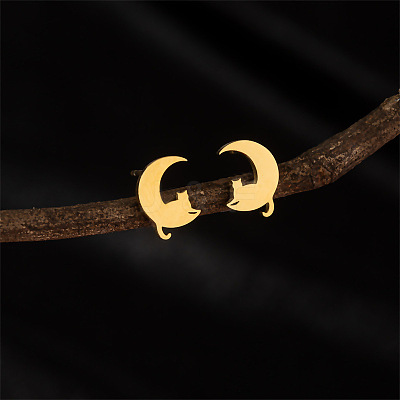 Stainless Steel Moon & Cat Shape Stud Earrings PW-WG97D36-01-1