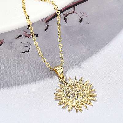 Brass Micro Pave Clear Cubic Zirconia Sun Pendant Necklaces for Women NJEW-S449-05A-G-1