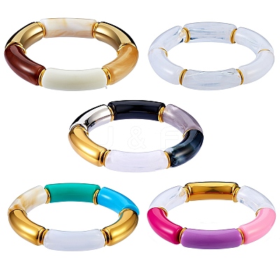 Chunky Curved Tube Beads Stretch Bracelets Set BJEW-SW00016-1