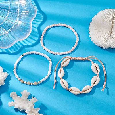 Summer Beach Natural Mixed Cowrie Shell Glass & Alloy Beaded Stretch Bracelet & Braided Bead Bracelets Sets BJEW-JB10838-1