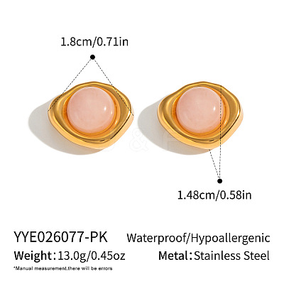 304 Stainless Steel Natural Rose Quartz Stud Earrings for Women OU7519-3-1