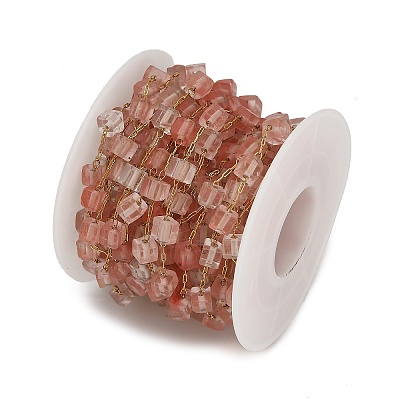 Handmade 304 Stainless Steel Cherry Quartz Glass Beads Cube Link Chains CHS-B011-02G-03-1