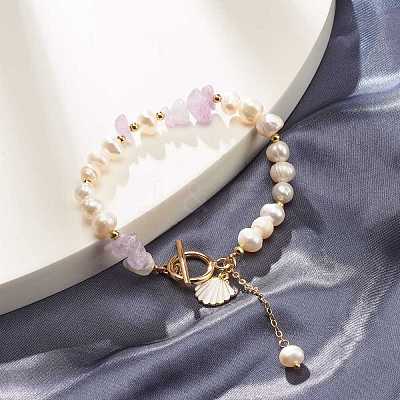 Natural Lavender Amethyst Chip Beaded Bracelet BJEW-TA00032-02-1