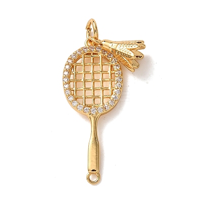 Sports Brass Micro Pave Clear Cubic Zirconia Racket with Badminton Links Connector Charms KK-K422-18G-1