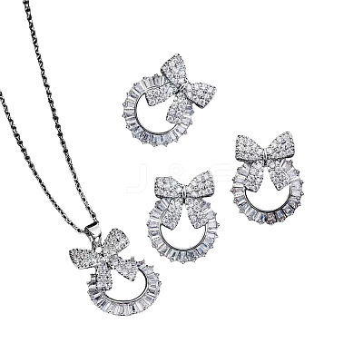 Bowknot & Ring Alloy Clear Cubic Zirconia Pendant Necklace & Stud Earring & Cuff Ring Sets FS-WG09EB0-01-1