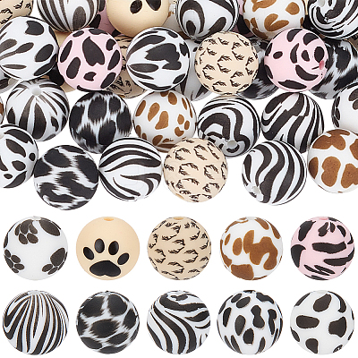 50Pcs 10 Styles Printed Round Silicone Focal Beads SIL-SP0001-25-1