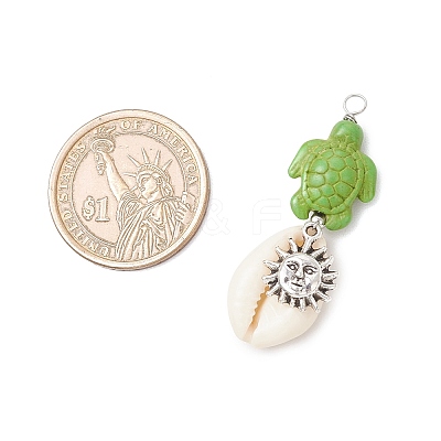 5Pcs 5 Styles Natural Cowrie Shell & Dyed Synthetic Turquoise Turtle Copper Wire Wrapped Pendants PALLOY-JF04034-01-1