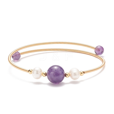Natural Amethyst & Pearl Round Beaded Bangle BJEW-JB08464-03-1