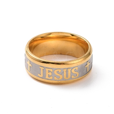 Cross & Word Jesus Pattern 201 Stainless Steel Finger Ring for Women RJEW-I089-33GP-1
