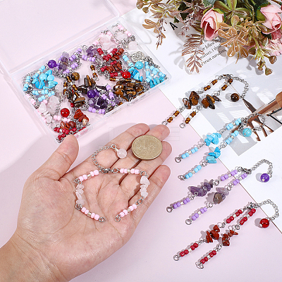 15Pcs 5 Styles Synthetic Turquoise & Natural Rose Quartz & Tiger Eye & Amethyst & Red Jasper Chips & Handmade Seed Beads Bracelet Making AJEW-SC0031-86-1