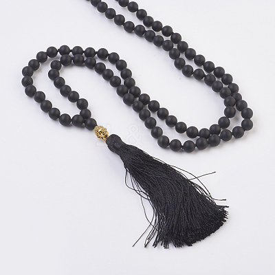 Natural Dyed & Heated Black Agate Buddha Mala Beads Necklaces NJEW-JN02129-01-1