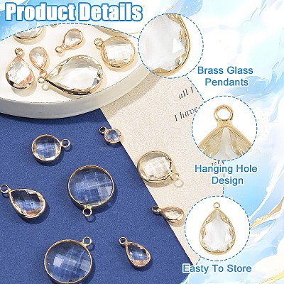16Pcs 2 Styles Brass Glass Pendants GLAA-YW0005-71-1