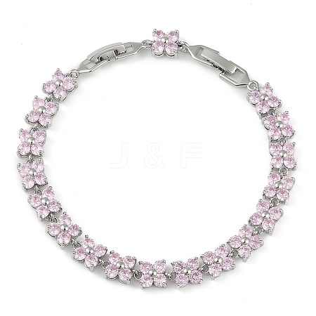 Noble Gift Ideas for Lady Platinum Tone Brass Micro Pave Cubic Zirconia CZ Flower Link Chain Bracelets BJEW-L472-03-1-1