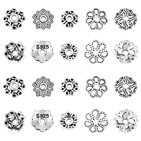 20Pcs 5 Styles Retro 925 Sterling Silver Bead Caps STER-BC0004-10-1