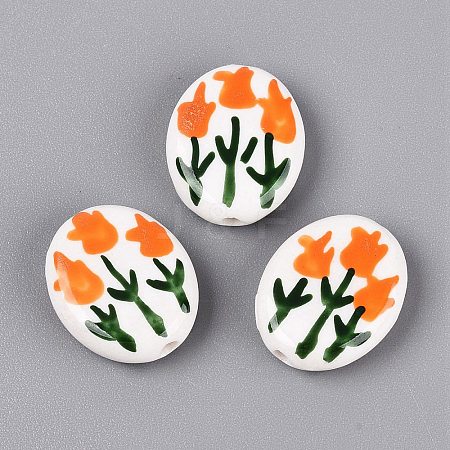 Hand Painted Tulip Flower Oval Porcelain Beads PORC-N012-11D-1