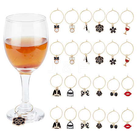24Pcs 12 Style Alloy Enamel & Rhinestone & ABS Plastic Imitation Pearl Wine Glass Charms AJEW-AB00050-1