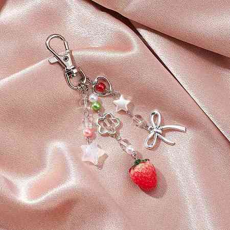 Resin Strawberry & Alloy Bowknot Pendant Decorations HJEW-JM02870-1