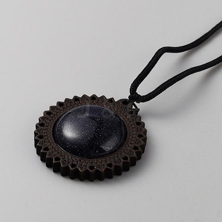 Synthetic Blue Goldstone & Wood Flower Pendant Necklace with Adjustable Nylon Cords NJEW-WH0002-118D-1