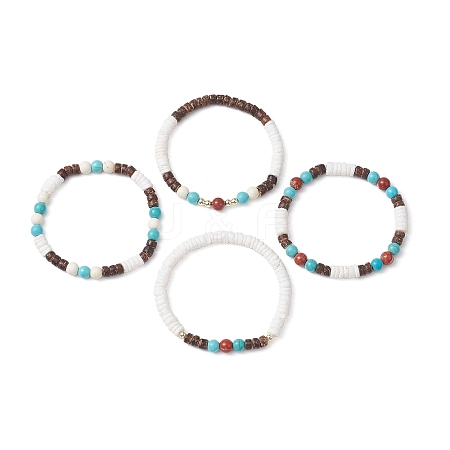 4Pcs 4 Styles Round Natural Red Jasper & Synthetic Turquoise & White Shell & Coconut Beaded Stretch Bracelet Sets BJEW-JB10812-1