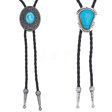 2Pcs 2 Styles Alloy & Synthetic Turquoise Oval Triangle Pendant Boho Tie Lariat Necklaces NJEW-GF0001-18-1