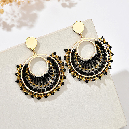 Flat Round 304 Stainless Steel Glass Seed Beads Dangle Stud Earrings FS-WG93AED-05-1