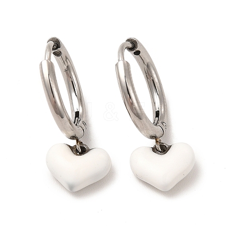 White Enamel Heart Dangle Hoop Earrings EJEW-P219-07P-1