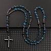 Dyed Natural Blue Tiger Eye Round Beads Long Chain Cross Pendant Necklaces for Men PM3640-4-1