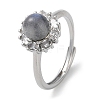 Natural Labradorite Round Ball Adjustable Ring with Rhinestone RJEW-G295-01P-2