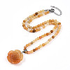 Natural Topaz Jade 4.5mm Round Beaded Flower Pendant Necklaces NJEW-T016-04N-3