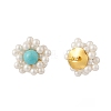 Synthetic Green Turquoise & Shell Pearl Braided Flower Stud Earrings EJEW-TA00161-2
