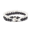 2Pcs 2 Style Natural Howlite & Lava Rock Round Beaded Stretch Bracelets Set with Yin Yang BJEW-JB07644-1