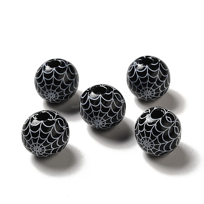 Halloween Printed Spider Webs Colored Wood European Beads WOOD-K007-04C-1
