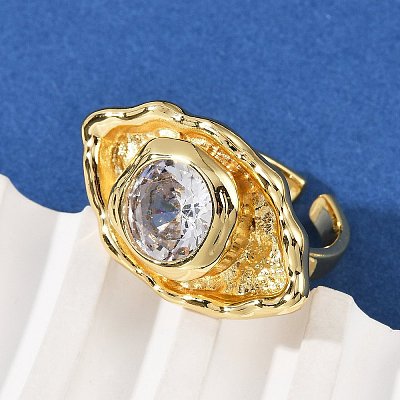 Brass Pave Cubic Zirconia Adjustable Open Cuff Rings for Women RJEW-R032-01G-1