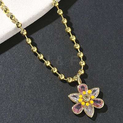 Brass Pave Pink and Clear Cubic Zirconia with Enamel Flower Pendant Ball Chain Necklaces NJEW-G183-04G-1