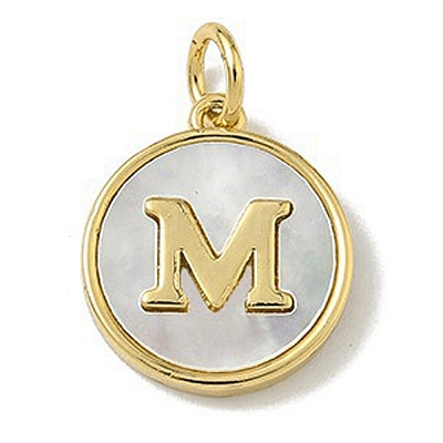 Brass Pave Natural Shell Flat Round with Letter Charms KK-Z115-13G-M-1