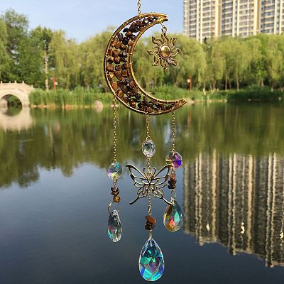 Natural Tiger Eye Chip & Metal Moon Hanging Suncatchers PW-WG15083-01-1