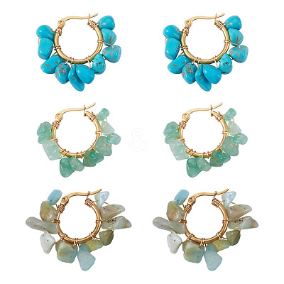 3 Pairs 3 Styles Natural Gemstone Chips Braided Hoop Earrings EJEW-TADJ00004-1
