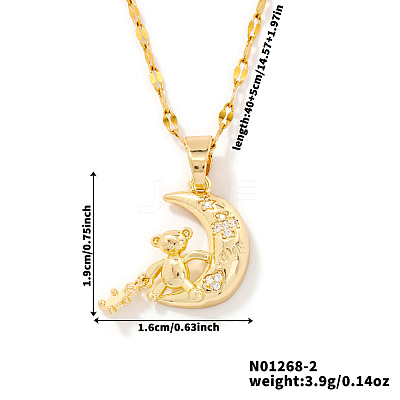 Brass Pave Clear Cubic Zirconia Shiny Cute 3D Bear Moon Pendant Necklaces for Women XT3479-2-1