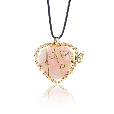 Natural Rose Quartz Metal Wire Wrapped Heart Pendants PW-WG13885-02-1