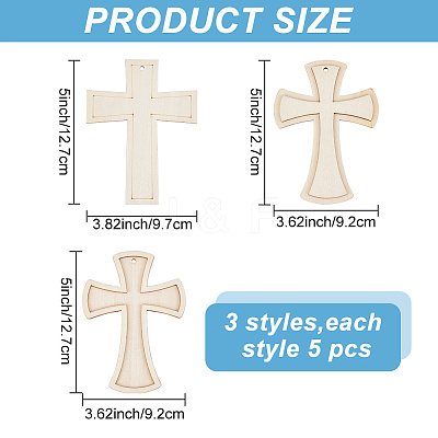 15Pcs 3 Styles Unfinished Wood Cross Pendants WOOD-AR0001-31-1