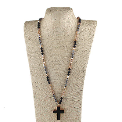 Cross Bohemian Style Natural Lava Rock Pendant Glass Beaded Necklaces FS-WG0F67E-01-1
