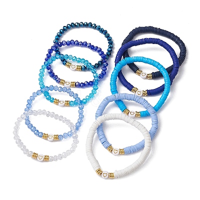 10Pcs Polymer Clay Disc & Glass & Brass Beaded Stretch Bracelets Set BJEW-JB09676-01-1