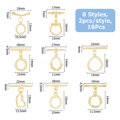 16Pcs 8 Styles Rack Plating Eco-Friendly Brass Toggle Clasps KK-HS0001-41-1