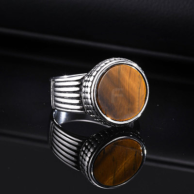 304 Stainless Steel with Natural Tiger Eye Finger Rings for Men FS-WGE1297-04-1