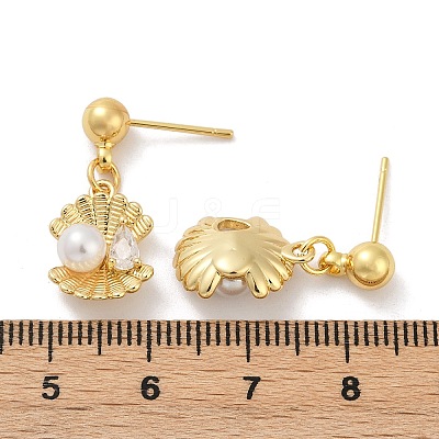 Shell Shape Brass Micro Pave Clear Cubic Zirconia Dangle Stud Earrings EJEW-F895-13G-1