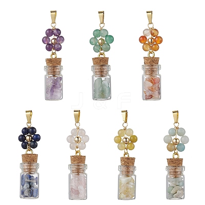 7Pcs 7 Styles Natural Mixed Stone Round Beaded Flower Pendants HJEW-JM03042-1