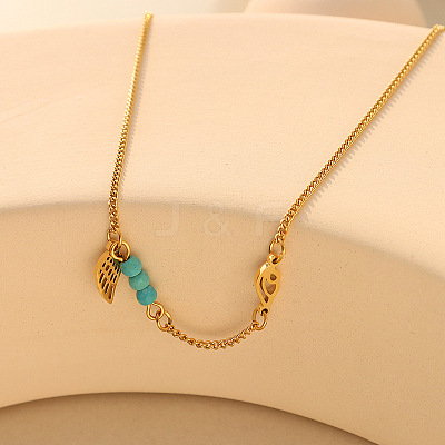 304 Stainless Steel with Synthetic Turquoise Faceted Round Beads Wing Charm Anklets for Women FS-WGB68FD-01-1